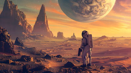 Wall Mural - An astronaut in a spacesuit on the surface of an uncharted planet. AI Generated