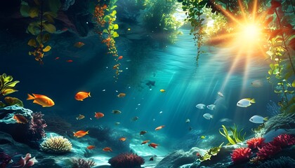 Wall Mural - Tropical Underwater Paradise with Sunlit Marine Life and Colorful Fish