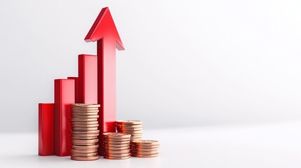 A striking graphic showing a red arrow and stacks of coins, symbolizing financial growth and investment opportunities. Public debt on economic growth.