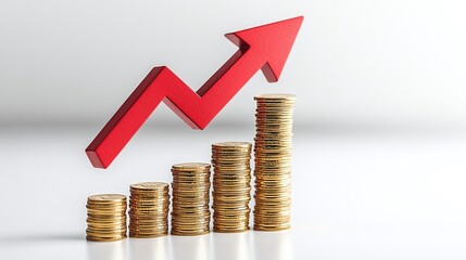 Wall Mural - A visual representation of financial growth with stacked coins and a rising red arrow indicating an upward trend. Public debt on economic growth.