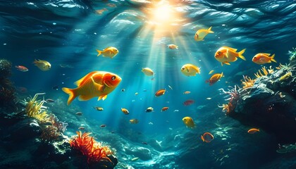 Wall Mural - Tropical Underwater Paradise with Sunlit Marine Life and Colorful Fish