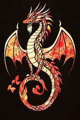 Poster - Fiery Dragon with Spikes and Wings on Black Background