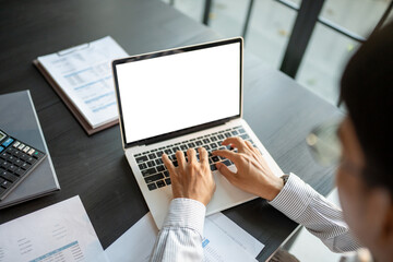 business man using laptop blank screen computer working in office mockup image blank screen computer