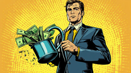 Businessman watering money with a watering can, illustrated in a vintage pop art retro vector style. Themes of startup and business incubator.