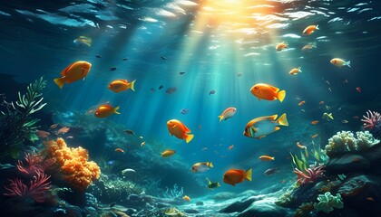 Wall Mural - Tropical Underwater Paradise with Sunlit Marine Life and Colorful Fish