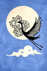 Poster - Black Silhouette Crane Flying in Front of the Moon