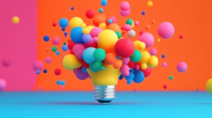 Aufkleber - A colorful explosion of spheres emanates from a light bulb, symbolizing creativity and ideas against a vibrant background.