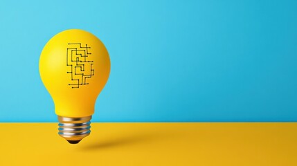 Leinwandbilder - A yellow light bulb featuring a maze pattern sits on a yellow surface against a blue background, symbolizing creativity and innovation.