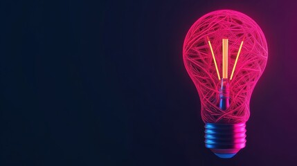 Poster - A vibrant, glowing light bulb created with neon wires against a dark background, symbolizing creativity and innovation.