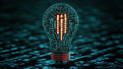 Poster - A digital light bulb illuminated with binary code, symbolizing innovation, technology, and the fusion of light and data.