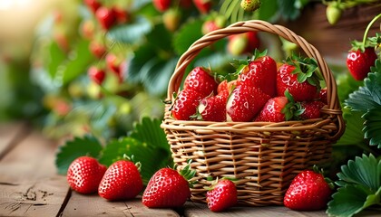 Freshly harvested strawberries in a rustic basket on a wooden backdrop perfect for healthy food promotion and summer fruit designs