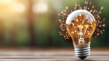 Poster - A glowing lightbulb emits sparks, symbolizing creativity and innovative ideas against a blurred green background.