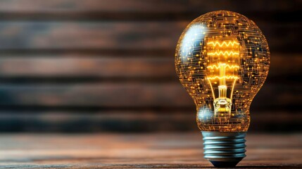Aufkleber - A glowing light bulb illuminates a rustic wooden background, showcasing its intricate filament design and warm ambiance.