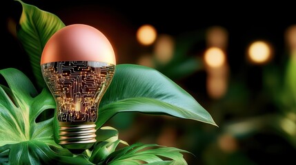 Poster - A glowing light bulb with intricate circuitry sits atop lush green leaves, symbolizing the blend of technology and nature in a serene setting.