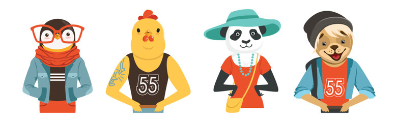 Sticker - People Character with Animal Heads and Trendy Clothes Vector Set