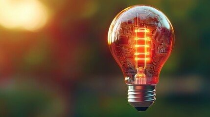 Poster - A glowing light bulb with intricate circuit patterns, suspended in a colorful background, symbolizing innovation and technology.