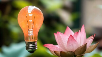 Aufkleber - A glowing light bulb hovers above a pink lotus flower, surrounded by lush greenery, symbolizing creativity and nature.