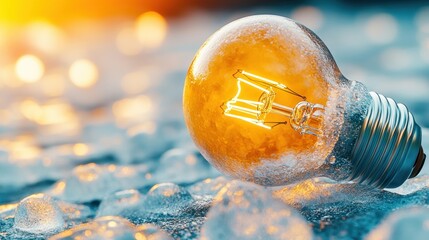 Poster - A glowing light bulb sits on a reflective surface, surrounded by droplets of water, captured in a warm, soft-focus background.