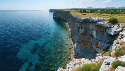 Wall Mural - Breathtaking Cliffside Panorama Overlooking Crystal Clear Waters in a Serene Summer Landscape