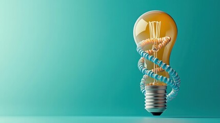 Poster - A glowing light bulb wrapped in a spiral wire, symbolizing creativity and innovation against a soft turquoise background.