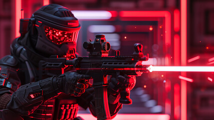 A futuristic soldier in tactical gear aiming a rifle in a neon-lit sci-fi corridor with glowing red accents