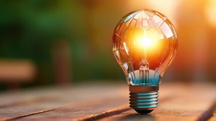 Aufkleber - A glowing light bulb sits on a wooden surface, illuminated by warm sunlight, symbolizing ideas and creativity.