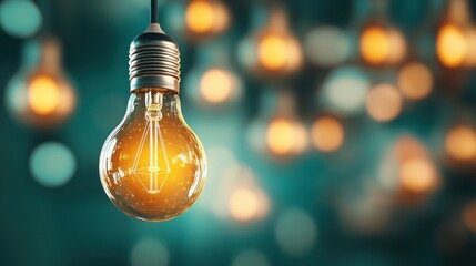 Aufkleber - A glowing light bulb hangs in focus, emitting a warm glow, surrounded by softly blurred, illuminated lights in a cool-toned background.