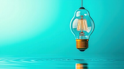 Poster - A modern light bulb hangs above rippling water, casting a warm glow against a teal backdrop, blending elements of design and nature.