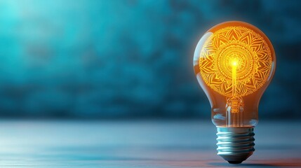 Poster - A glowing light bulb with intricate designs emits a warm orange light against a soft blue background, symbolizing creativity and inspiration.