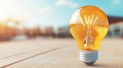 Poster - A glowing light bulb stands on a wooden surface, emitting warm light against a blurred outdoor background, symbolizing ideas and innovation.