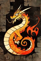 Wall Mural - Fiery Dragon on Brick Wall