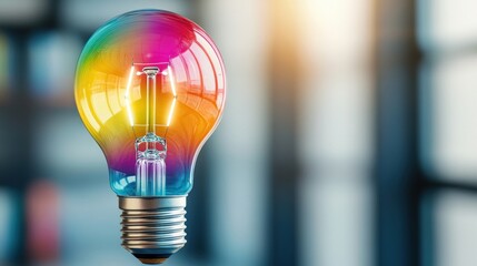 Poster - A colorful light bulb with a vibrant rainbow design, symbolizing creativity and innovation, illuminated against a blurred background.
