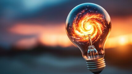Poster - A light bulb containing a swirling galaxy design, symbolizing creativity and innovation, set against a colorful sunset backdrop.