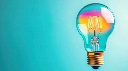 Poster - A vibrant, modern light bulb with a colorful glow against a turquoise background, symbolizing creativity and innovation.