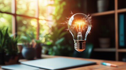 Poster - A glowing light bulb hovers in a lush, cozy workspace filled with greenery, symbolizing creativity and innovation in a serene environment.