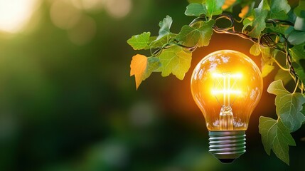 Aufkleber - A glowing light bulb surrounded by green leaves, symbolizing innovation and sustainability in nature.
