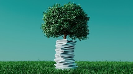 A tree turning into stacks of paper, representing deforestation for commercial use