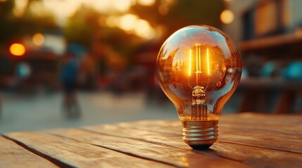 Poster - A glowing vintage light bulb rests on a wooden table, reflecting warm colors in a softly blurred outdoor setting.