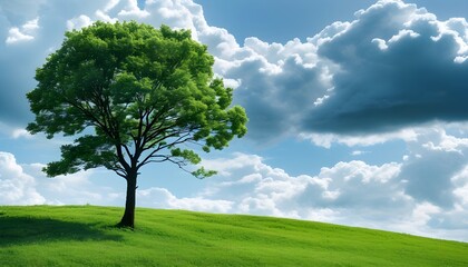 Wall Mural - Lone Tree on Verdant Hill Beneath Cloudy Sky in Serene Summer Landscape