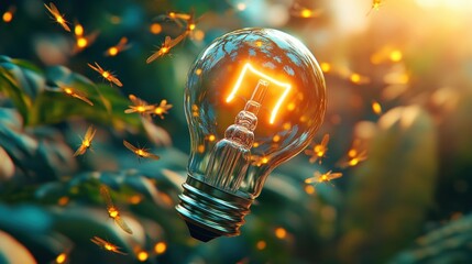 Poster - A glowing light bulb surrounded by shimmering particles sets against lush greenery, symbolizing innovation and energy in harmony with nature.