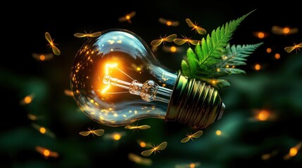 Aufkleber - A glowing light bulb surrounded by fireflies and green foliage, symbolizing the harmony between nature and technology.