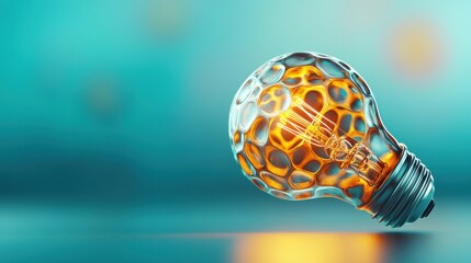 Poster - A glowing light bulb with a unique honeycomb design, casting warm light against a soft turquoise background.
