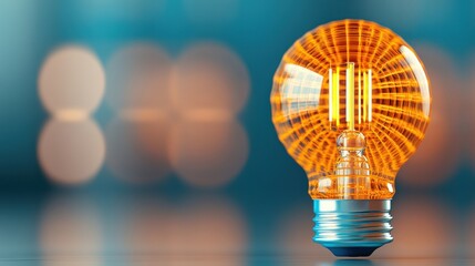Poster - A glowing orange light bulb with a unique design, against a soft blue bokeh background, adds a warm and creative touch to any setting.