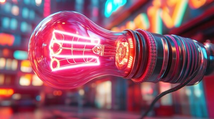 Poster - A vibrant, pink neon light bulb with a retro design, emitting a warm glow against a colorful background of blurred city lights.