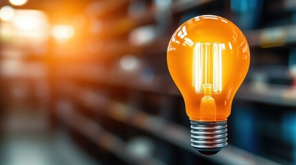 Poster - A glowing orange light bulb suspended against a blurred background of shelves, symbolizing creativity and innovation.