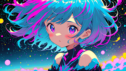 Poster - a girl in a space, colorful and cartoon