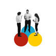 © master1305 - Group of people standing on colorful circles, engaging in discussion. Brainstorming and teamwork. Contemporary art collage. Common efforts. Concept of business, team building, cooperation