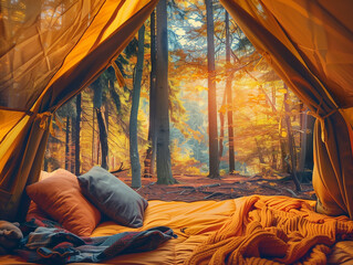 View from a tent window of outside beautiful view of Autumn wilderness forest