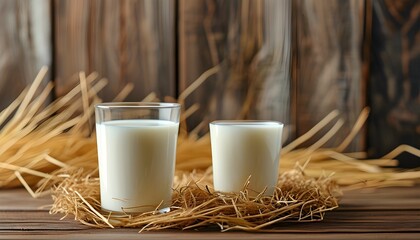 Farm-fresh milk in a glass on rustic wooden surface with straw, celebrating natural dairy production and agriculture industry aesthetics. Perfect for banners and posters.