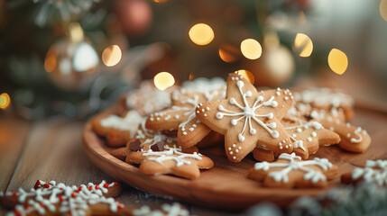 Vintage Christmas gingerbread cookie with holiday decorations and bokeh light. Christmas food, holiday card background